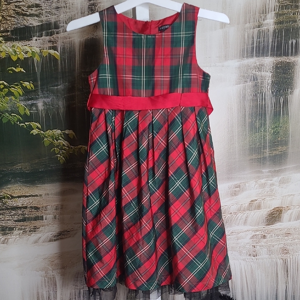 George Girls 10 red green gold plaid sleeveless fancy holiday dress